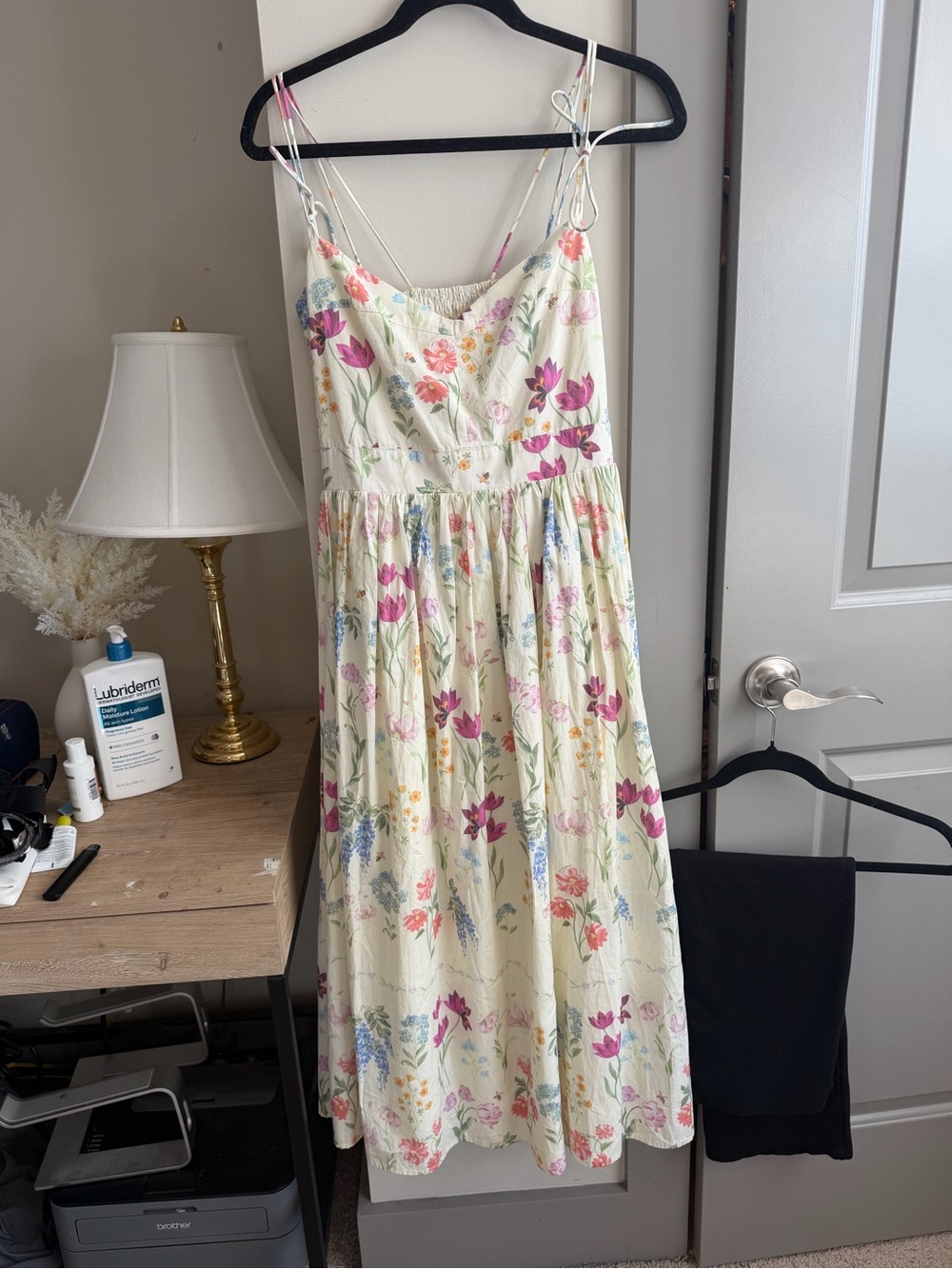 En Saison Cream Floral Midi Dress with Pink & Blue Blooms